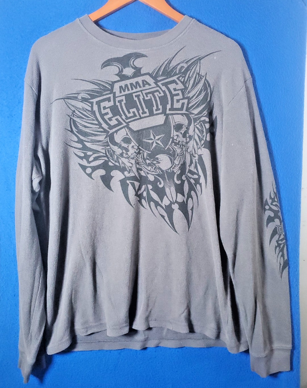Vintage MMA Elite Thermal Shirt Mens XL Grey Waffle Knit Skull Wings Graphic Y2K